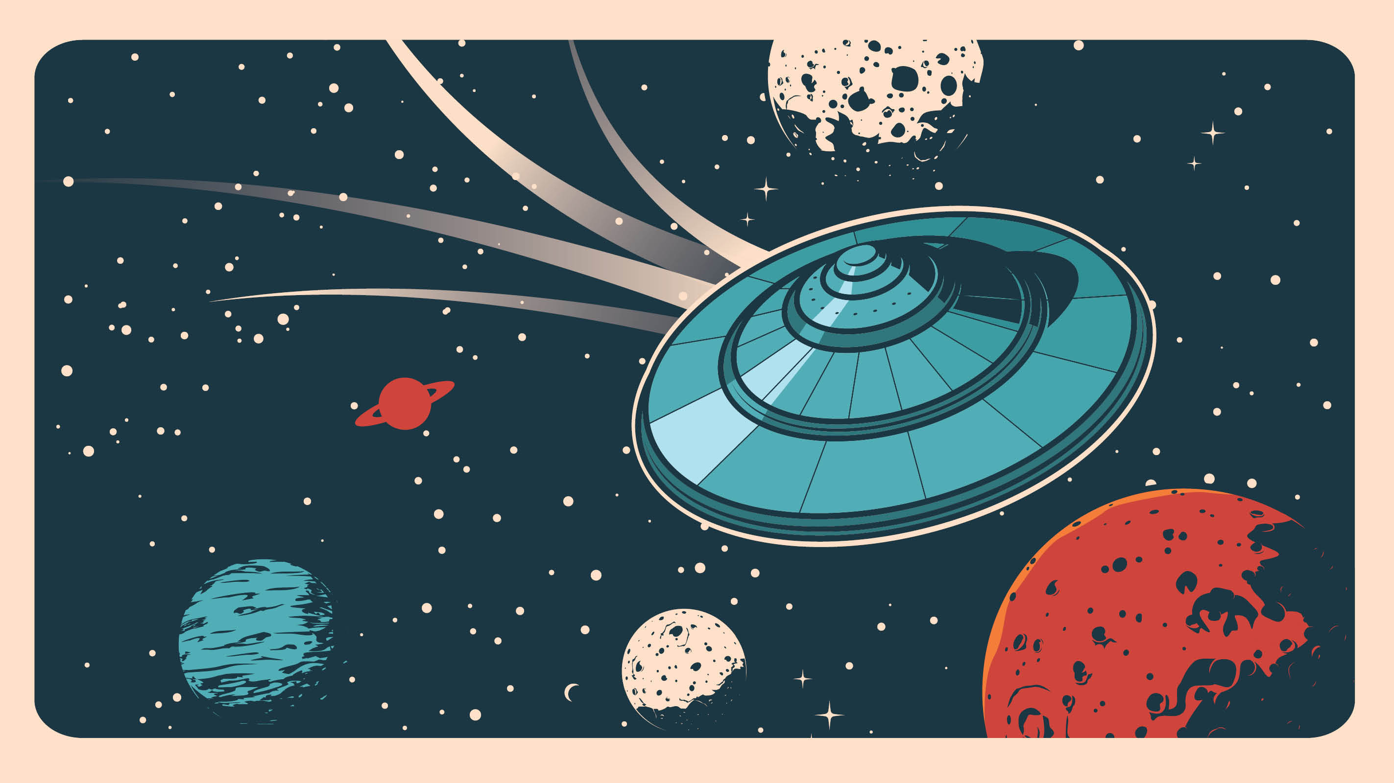 Illustration of an alien spacecraft flying through space, with stars and four planets in the background.