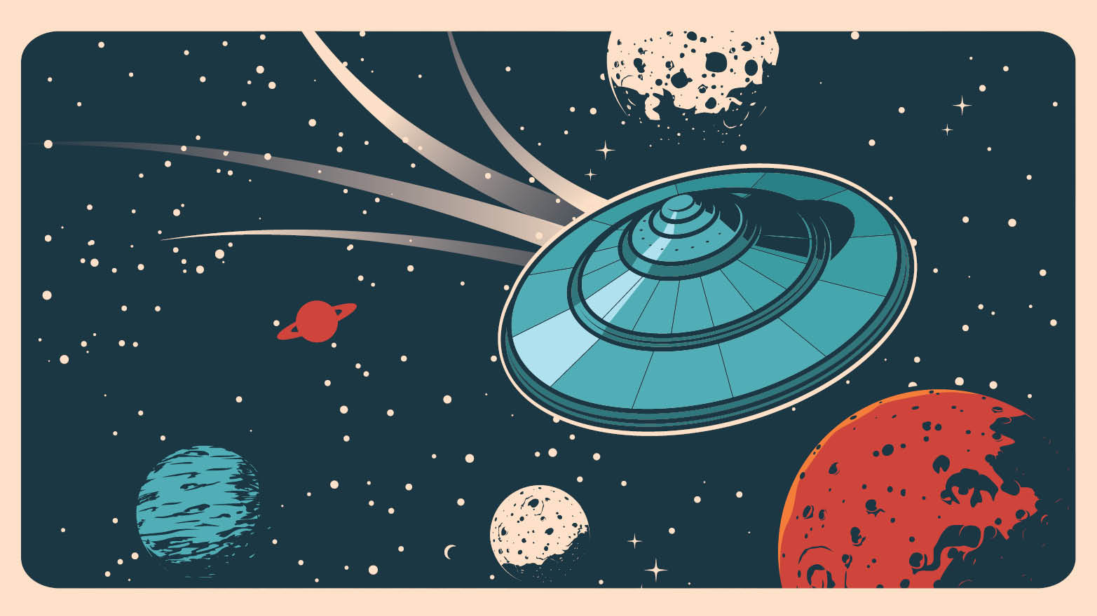 Illustration d'un vaisseau spatial extraterrestre volant dans l'espace, avec des étoiles et quatre planètes en arrière-plan.