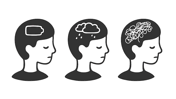 three illustrations of children’s heads, depicting mental health: one with a low battery, another with a thundercloud, and the third with a mound of tangled string.