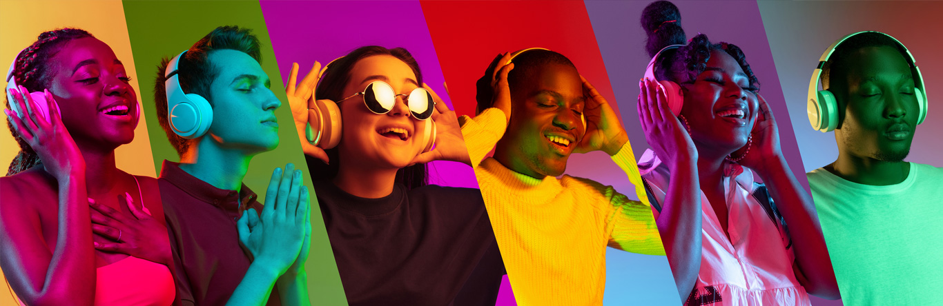 Collage of faces of six young people, men and women in headphones isolated on multicolored backgrounds.