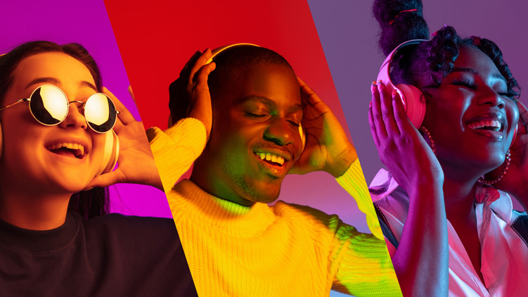 Collage of faces of six young people, men and women in headphones isolated on multicolored backgrounds.