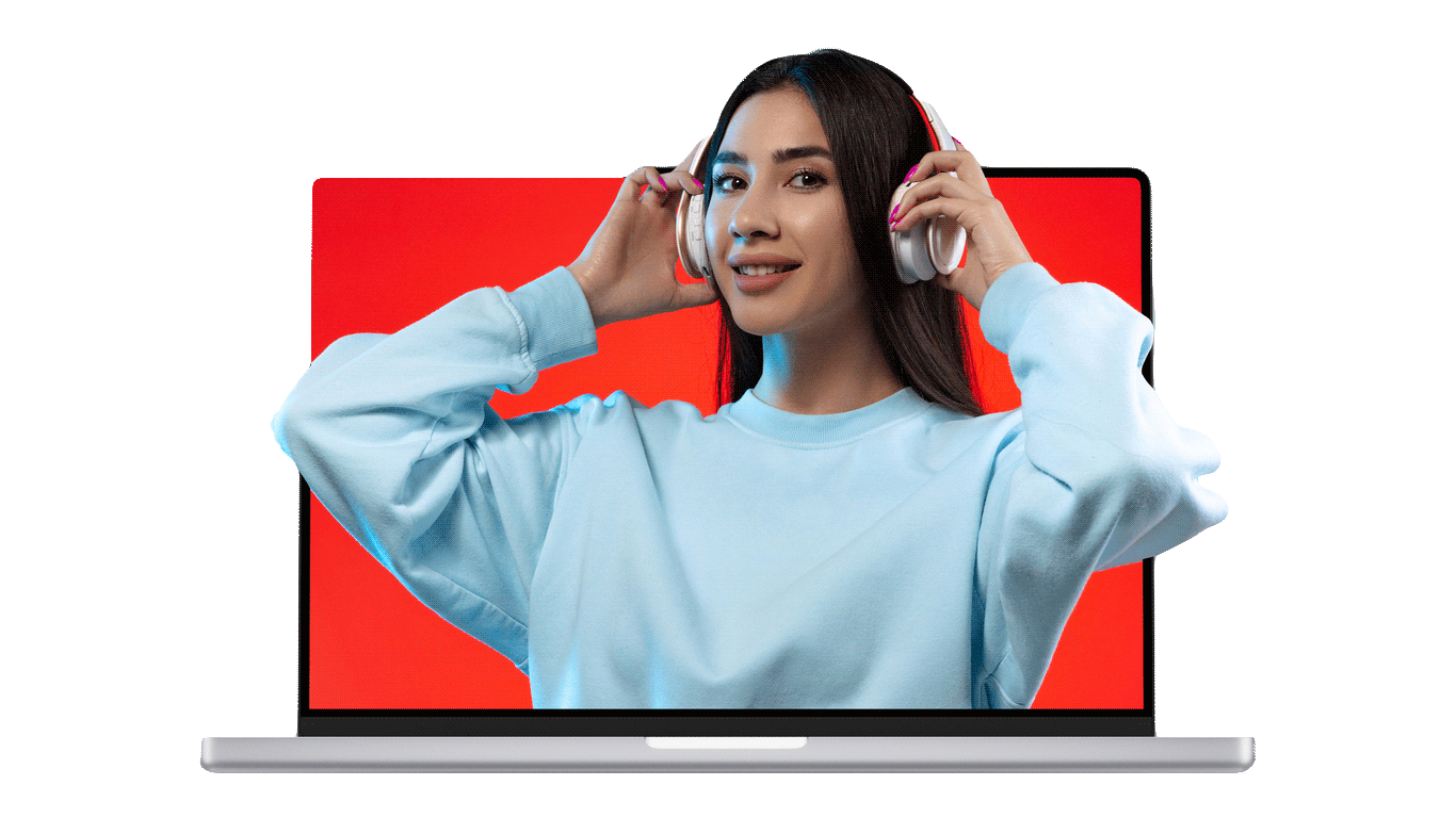 image décorative : un ordinateur portable affichant une personne souriante portant des écouteurs. 