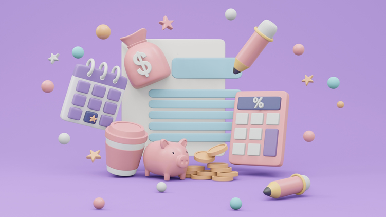 illustration of a piggy bank and other financial concepts (calculator, tax forms, coins).