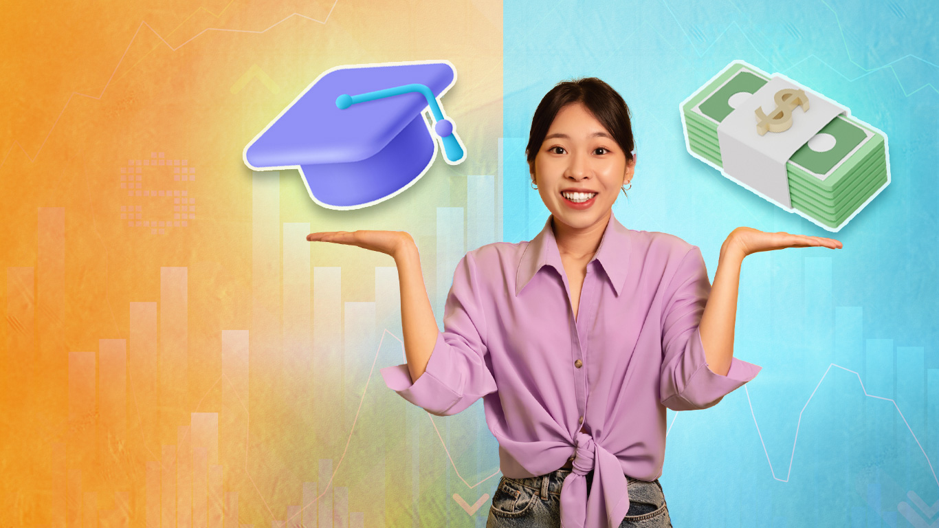 Woman holding up her hands with a graduation cap above one hand and a bundle of dollar bills above the other hand.