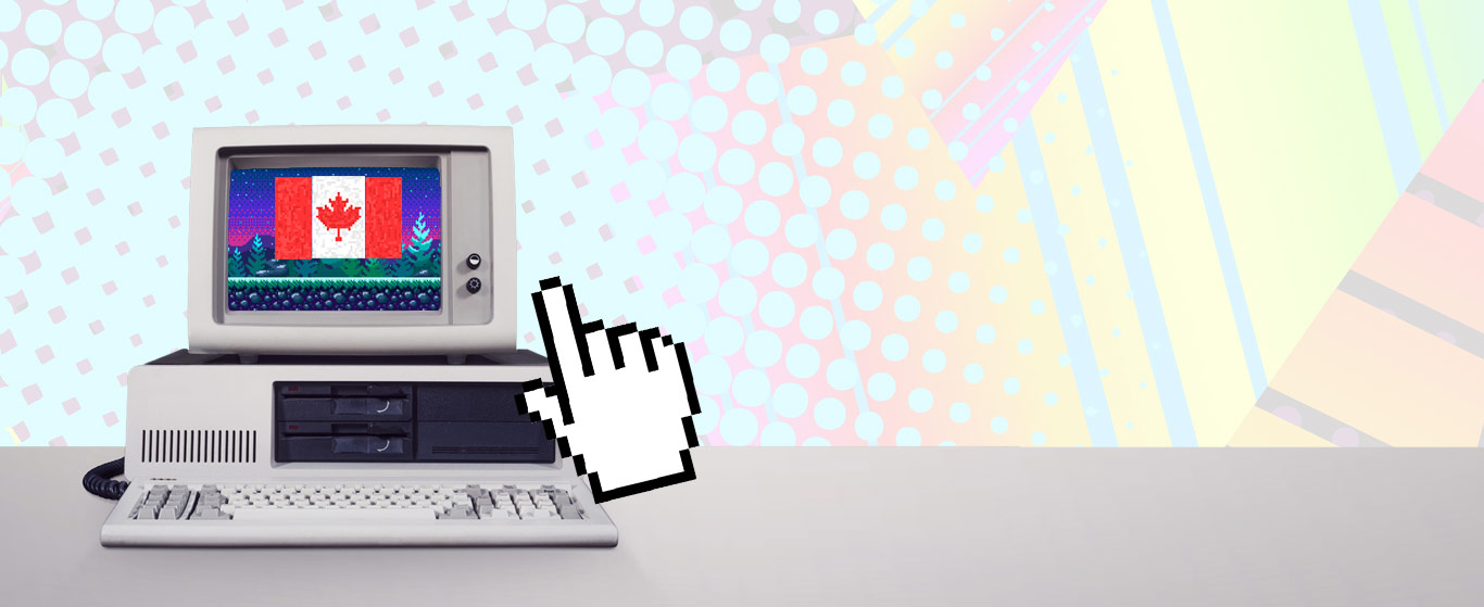 Image de style vintage d'une souris cliquant sur un écran d'ordinateur avec un drapeau canadien. 