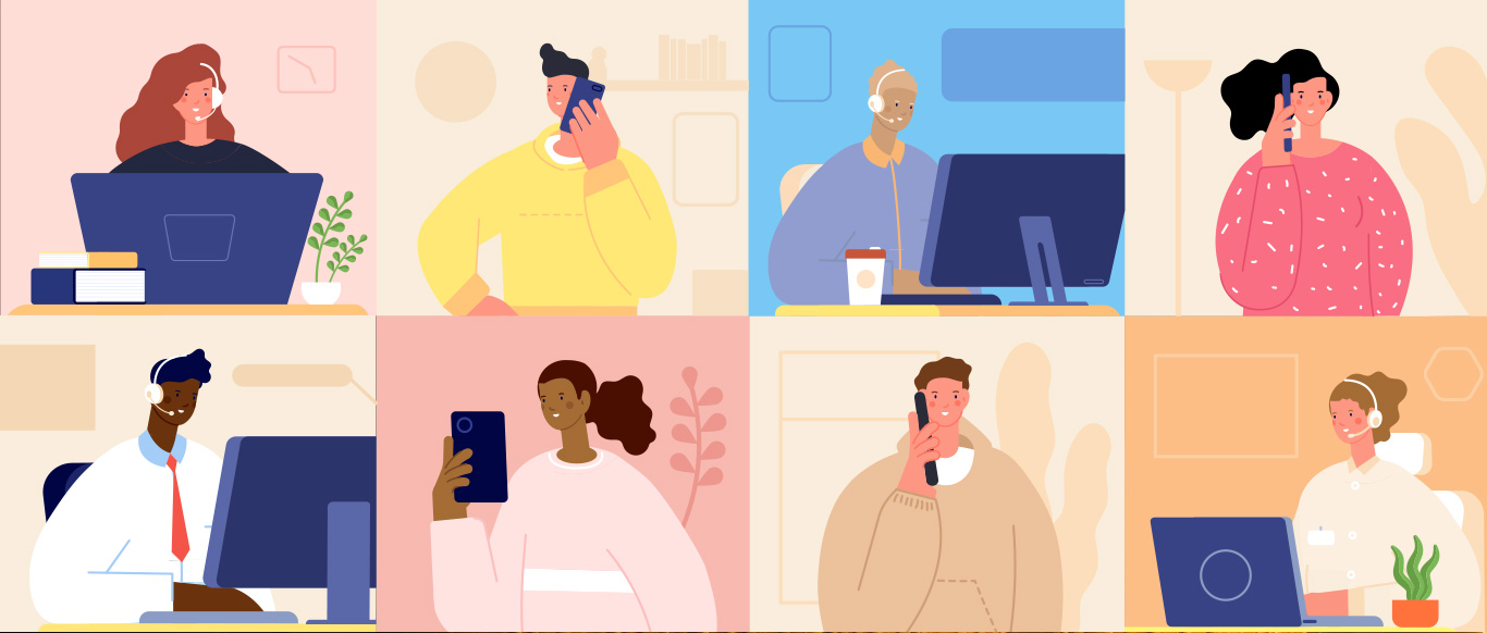 Illustration d'un centre d'assistance. Personnes utilisant des téléphones et des ordinateurs portables pour communiquer.