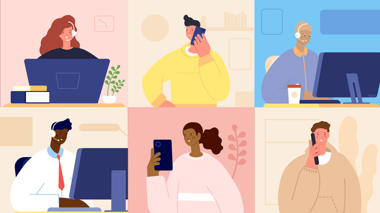 illustrative concept for support centre. People using phones, laptops for communication.