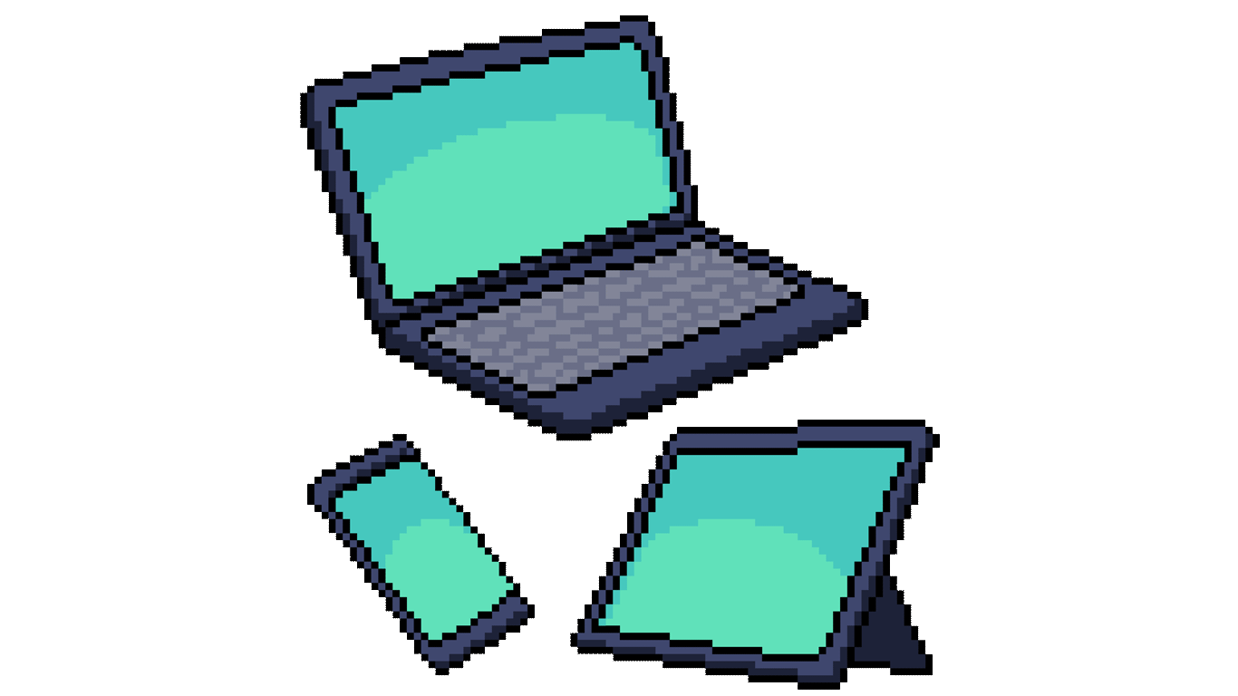 pixel style illustration of computer, mobile phone and tablet.