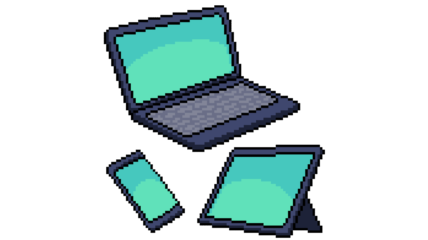  pixel style illustration of computer, mobile phone and tablet. 