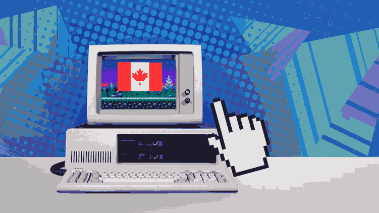 Vintage style animated image of mouse clicking on computer screen with Canadian flag.