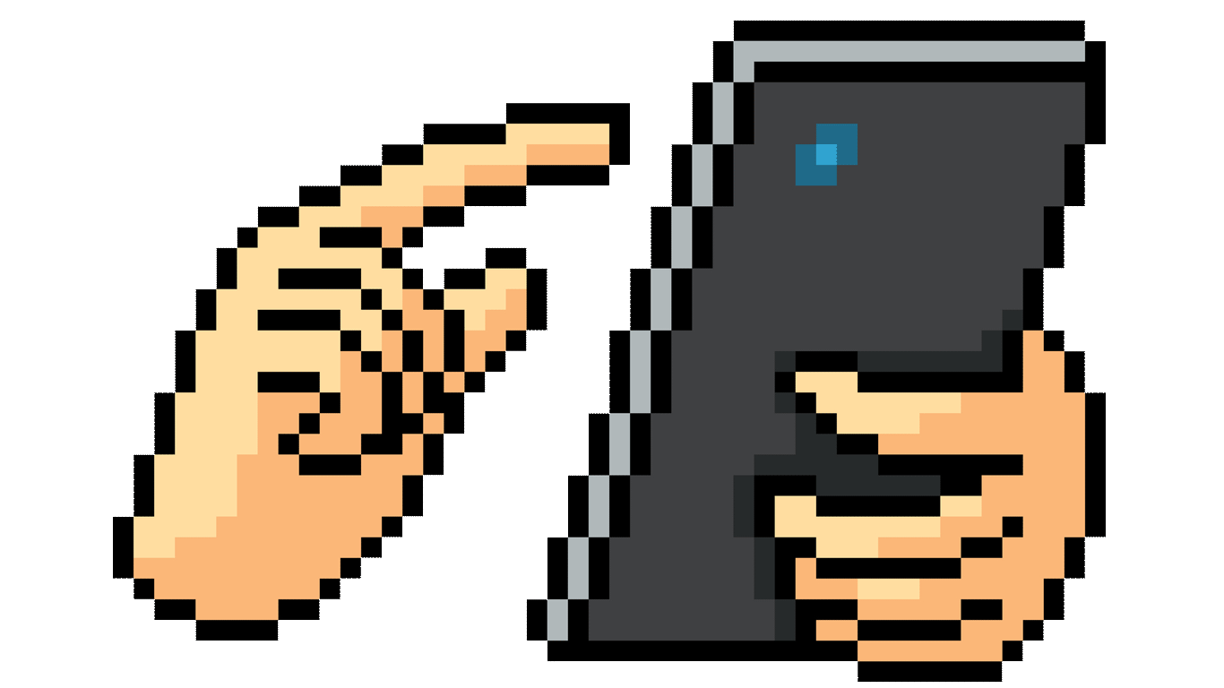 illustration de style pixel de mains tenant un téléphone portable