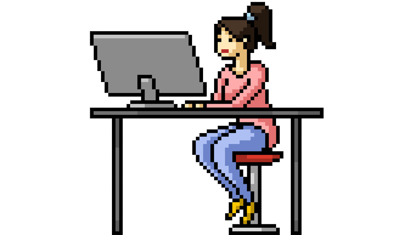 Illustration en style pixel d'une personne assise devant un ordinateur de bureau. 