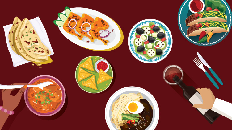 Vue aérienne de nourriture et de boissons savoureuses