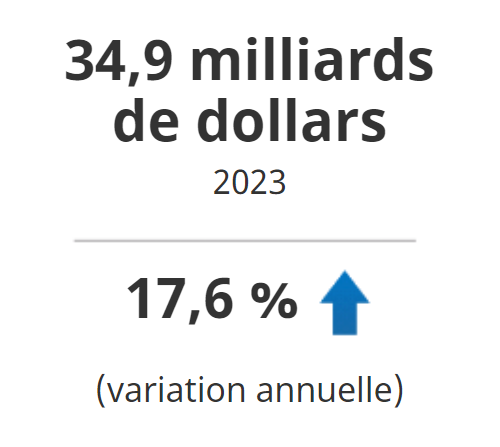 34,9 milliards de dollars en 2023, ce qui représente une hausse de 17,6 % par rapport à 2022