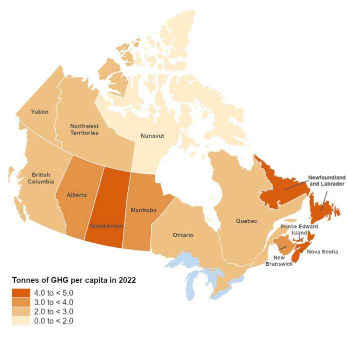 Carte 1 –  Émissions de gaz à effet de serre des ménages par habitant, selon la province et le territoire, 2022