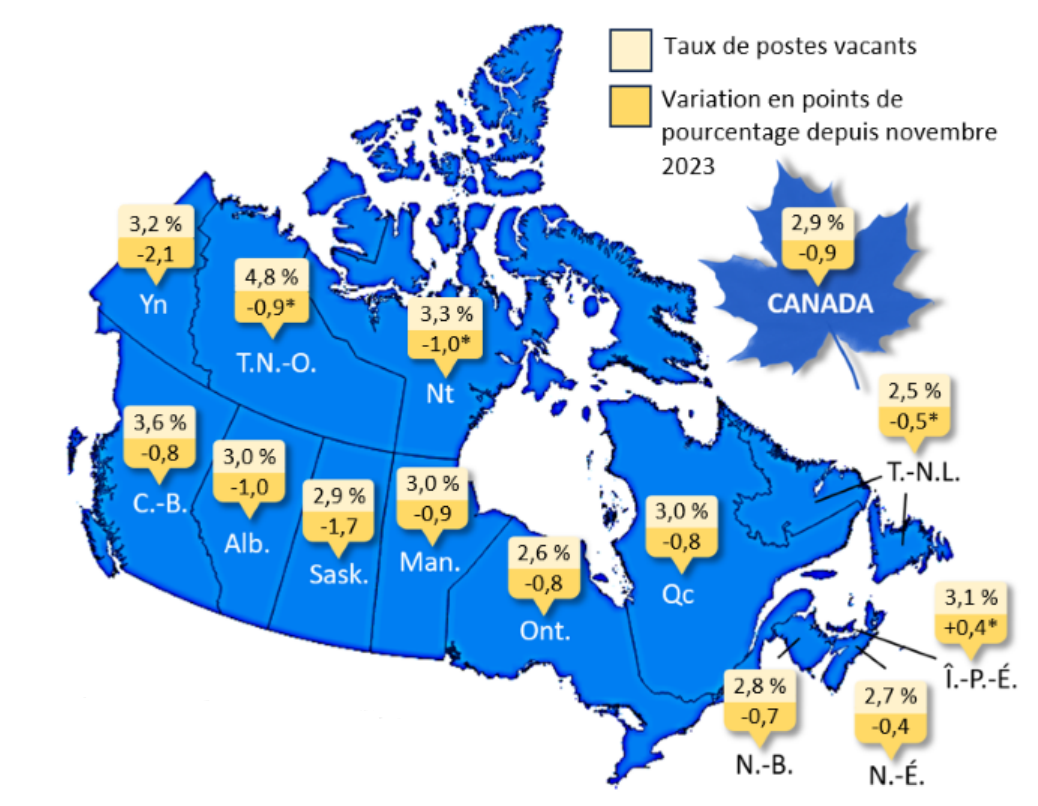 Carte 1 –  Le taux de postes vacants et la variation sur 12 mois en points de pourcentage du taux de postes vacants par province, novembre 2024