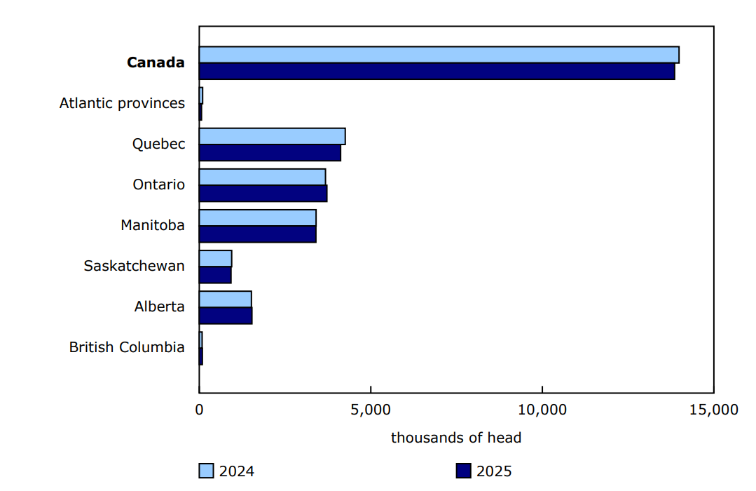 Chart 2 - Total hog inventories, January 1, 2024, and January 1, 2025