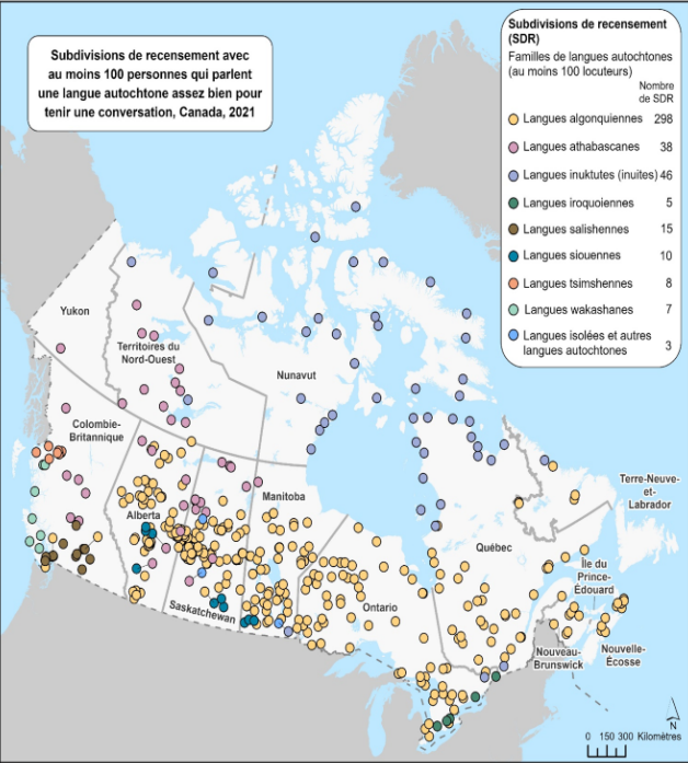Carte 1 –  Subdivisions de recensement avec au moins 100 personnes qui parlent une langue autochtone assez bien pour tenir une conversation, Canada, 2021