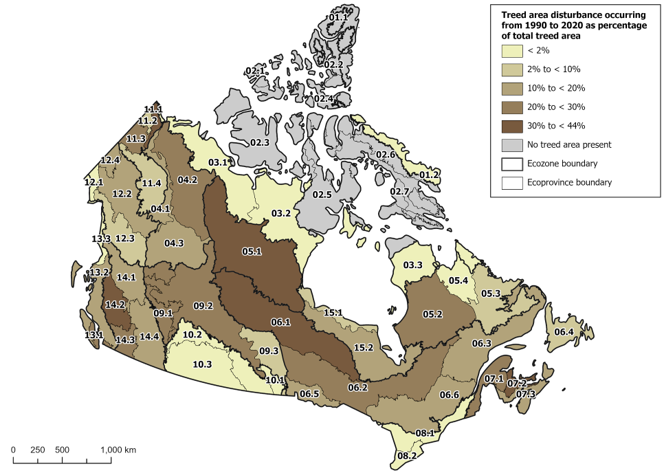 Map 1: Treed area disturbance occurring from 1990 to 2020 as percentage of total treed area, by ecoprovince
