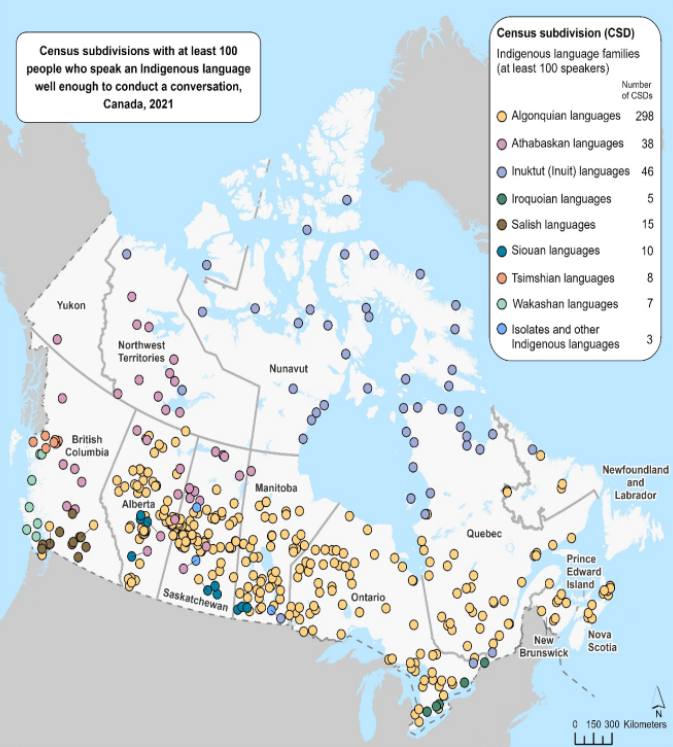 Map 1 - Census subdivisions with at least 100 people who speak an Indigenous language well enough to conduct a conversation, Canada, 2021