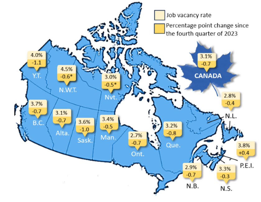 Map 1 –  Job vacancy rate by province and territory, fourth quarter of 2024