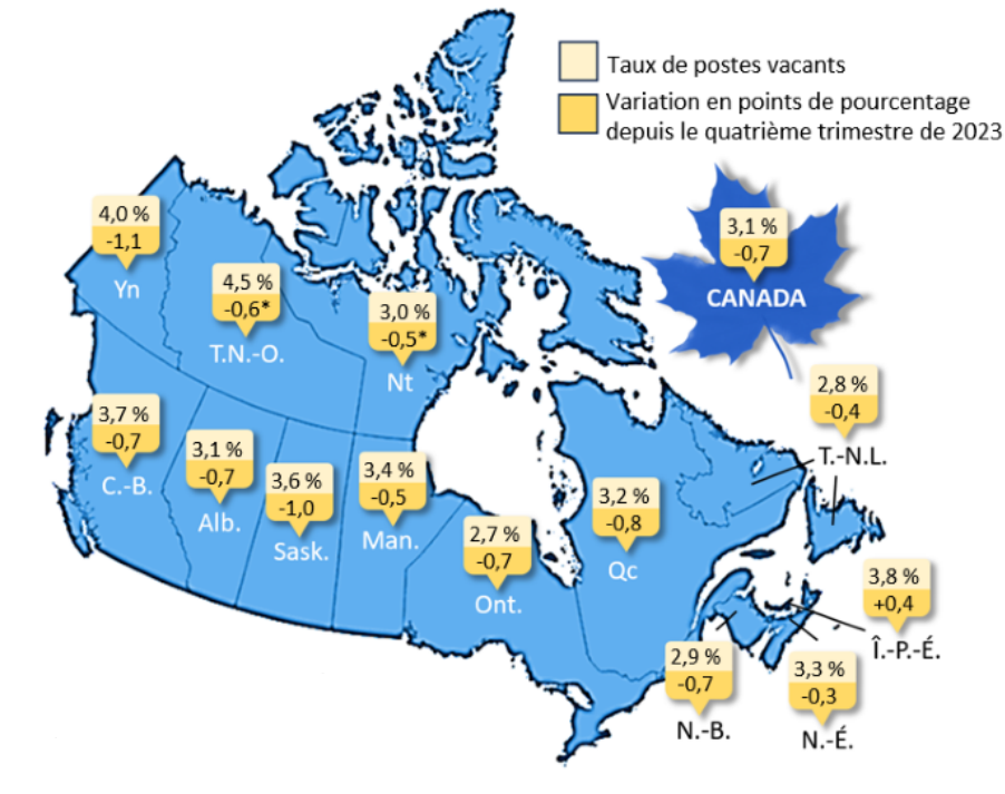 Carte 1 –  Le taux de postes vacants selon la province et territoire, quatrième trimestre de 2024