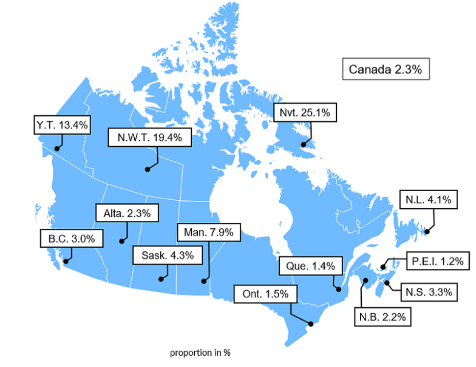 Map 1 - Indigenous gross domestic income as a proportion of overall provincial, territorial and national gross domestic income in 2022 