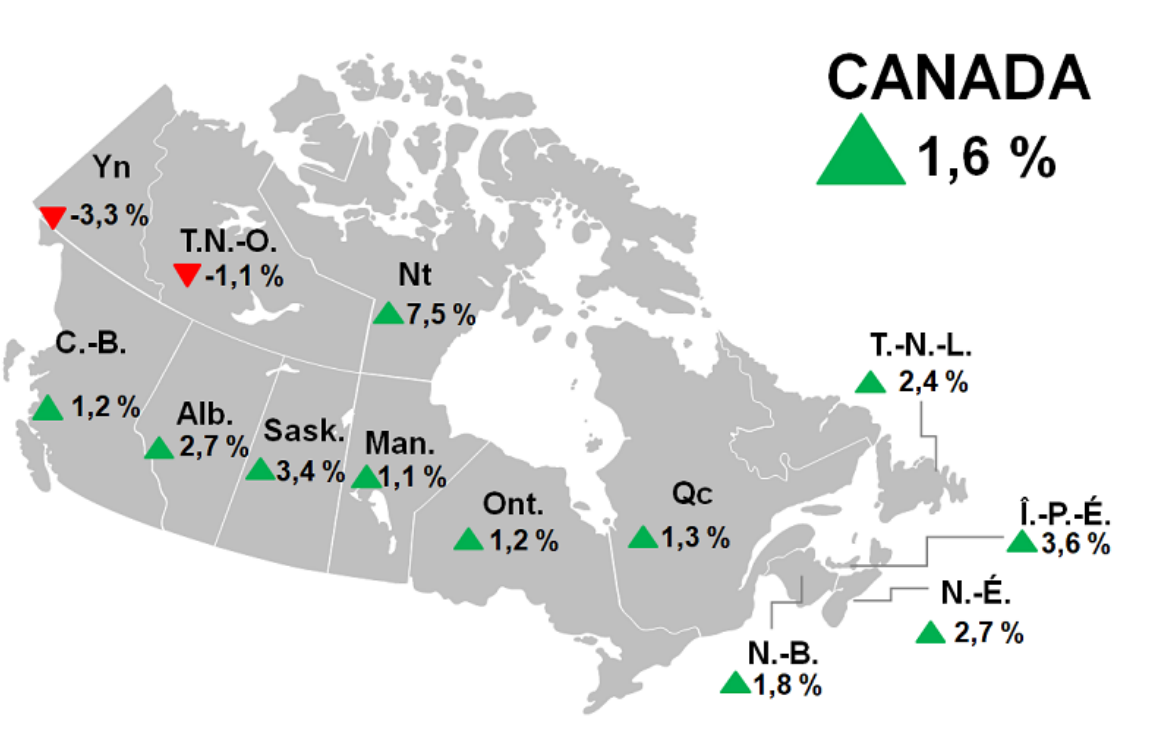 Carte 1 - Croissance du produit intérieur brut réel, Canada, provinces et territoires, 2024