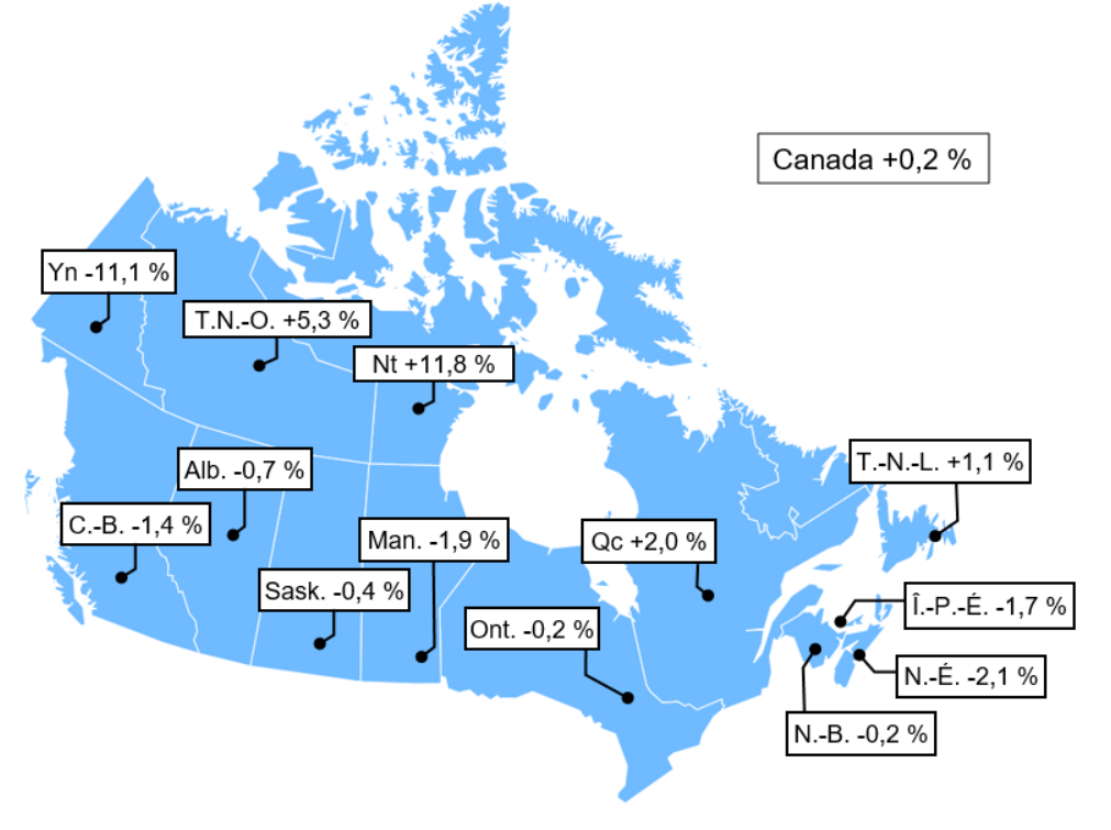 Carte 1 - Croissance de la productivité du travail dans le secteur des entreprises, Canada, provinces et territoires, 2024