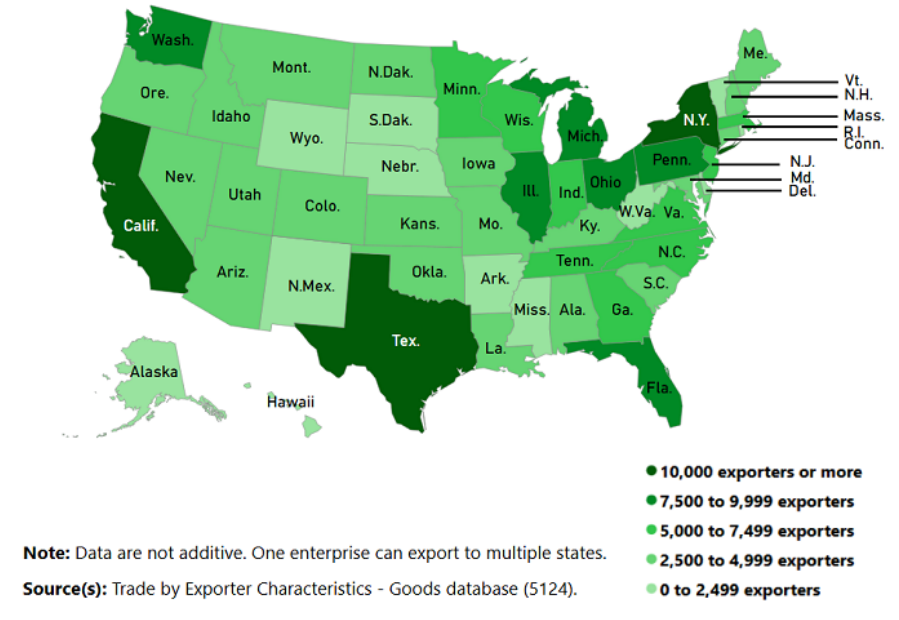 Number of Canadian enterprises exporting goods to the United States, by state of destination, 2024