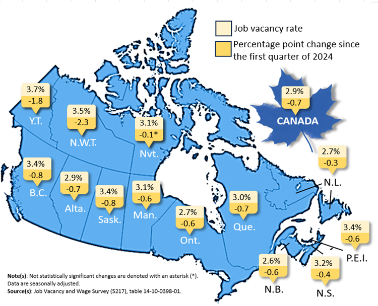 Map 1 - Year-over-year job vacancy rate decreases in all provinces in the first quarter of 2025