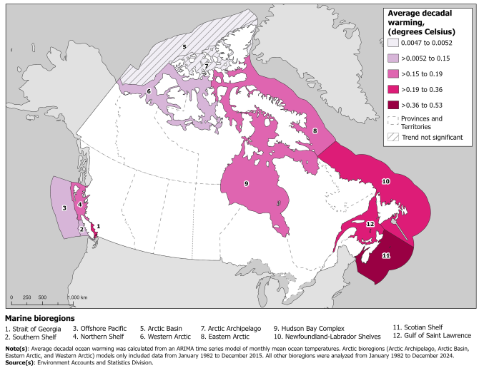 Map 1 - Average decadal ocean warming, by marine bioregion, since 1982