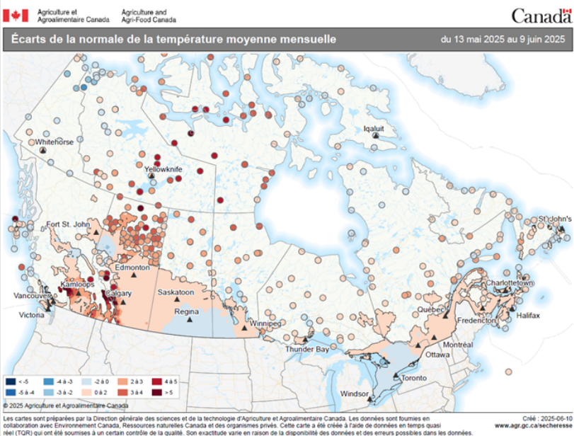 Carte 1 –  Différence moyenne de température par rapport à la normale (en degrés Celsius) du 13 mai au 9 juin 2025 (pendant la saison de croissance), comparativement à la moyenne annuelle