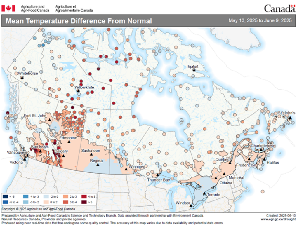 Map 1 Mean temperature difference from normal (in degrees Celsius) from May 13 to June 9, 2025 (during the growing season), compared with annual average