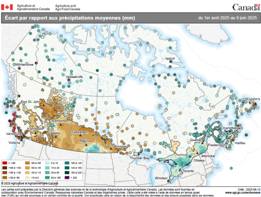 Carte 2 –  Écart par rapport aux précipitations moyennes (en millimètres) du 1er avril au 9 juin 2025 (pendant la saison de croissance), comparativement à la moyenne annuelle
