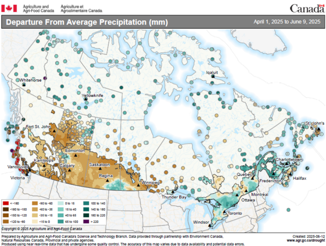 Map 2 Departure from average precipitation (in millimetres) from April 1 to June 9, 2025 (during the growing season), compared with annual average Departure from average precipitation (in millimetres) from April 1 to June 9, 2025 (during the growing season), compared with annual average