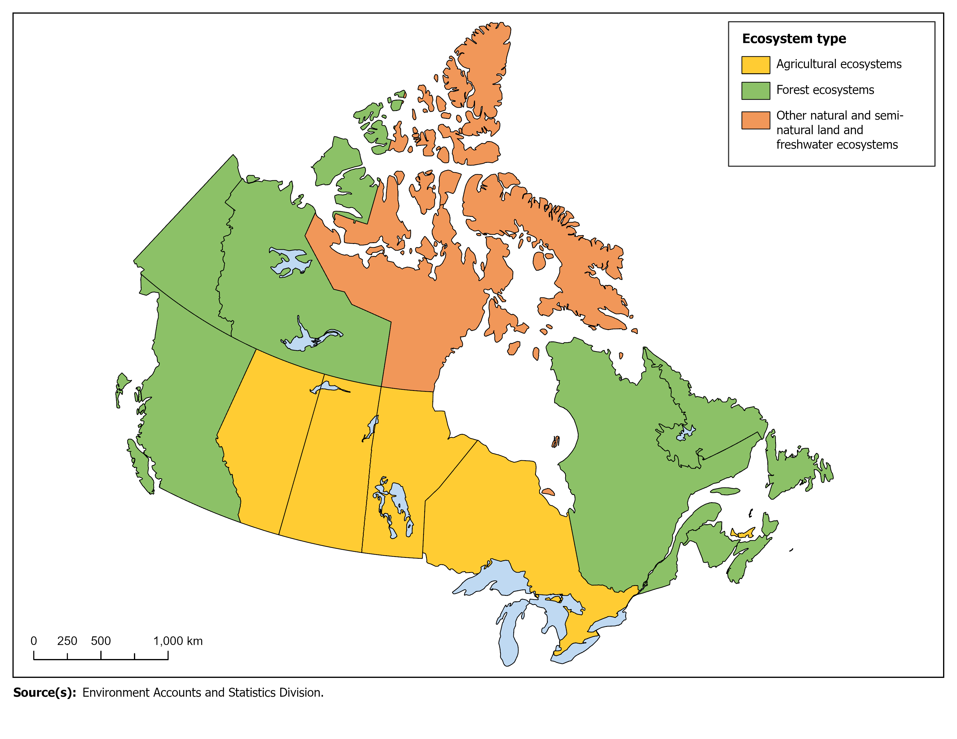 Map 1 –  Ecosystem type with the most harvested biomass, by province and territory, 2022