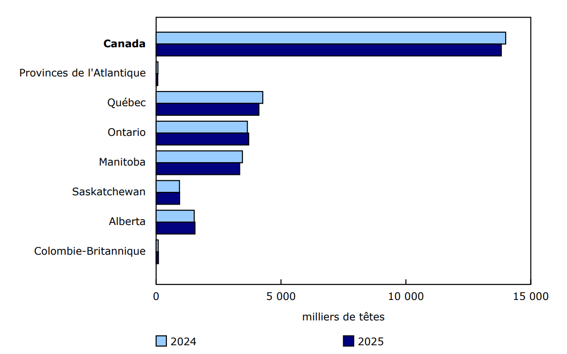 Graphique 2 - Total des stocks de porcs au 1er juillet 2024 et au 1er juillet 2025