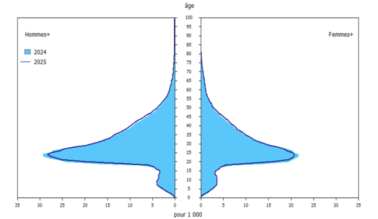 Graphique 2 - Pyramide des âges et du genre pour les résidents non permanents, au 1er juillet 2024 et au 1er juillet 2025, Canada