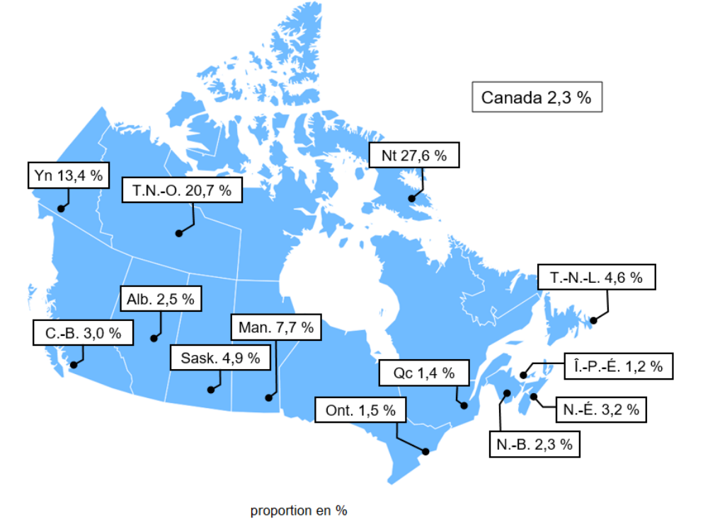 Carte 1 - Revenu intérieur brut des Autochtones en proportion du revenu intérieur brut provincial, territorial et national global en 2023