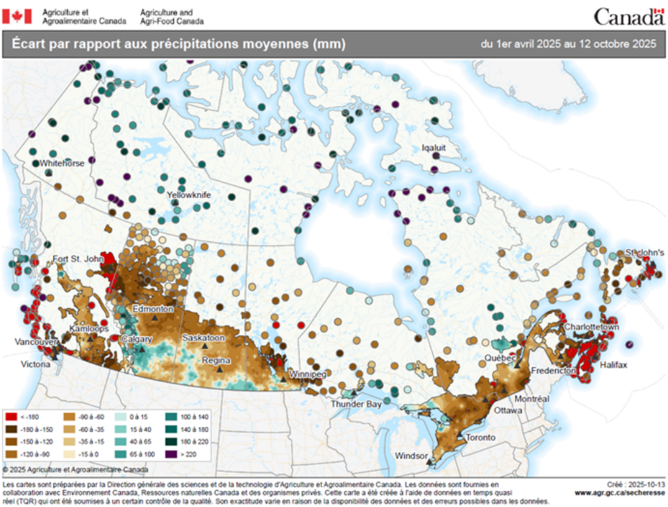 Carte 1 - Écart par rapport aux précipitations moyennes (en millimètres) du 1er avril au 12 octobre 2025 (pendant la saison de croissance), comparativement à la moyenne annuelle, selon la province