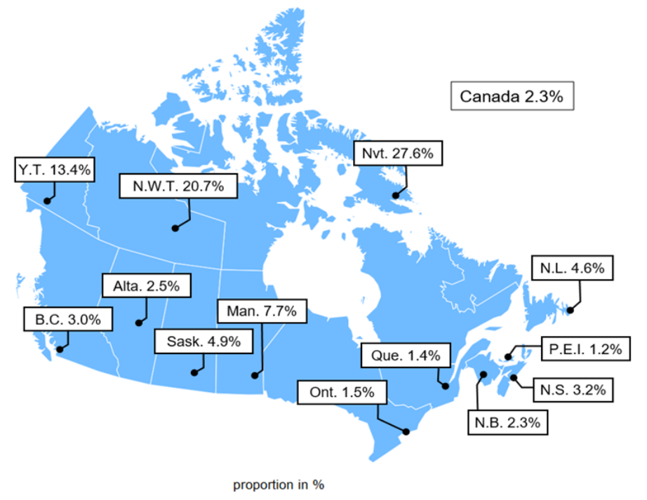 Map 1 - Indigenous gross domestic income as a proportion of overall provincial, territorial and national gross domestic income in 2023