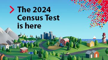Promotional image for the 2024 Census Test featuring a stylized graphic of a diverse landscape. 