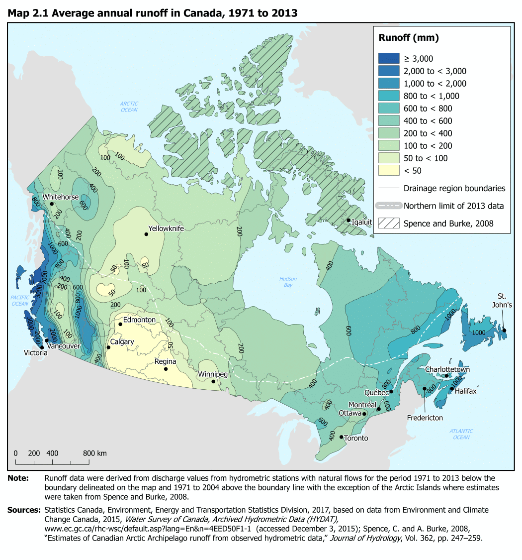 Map 2.1 Average annual runoff in Canada, 1971 to 2013 