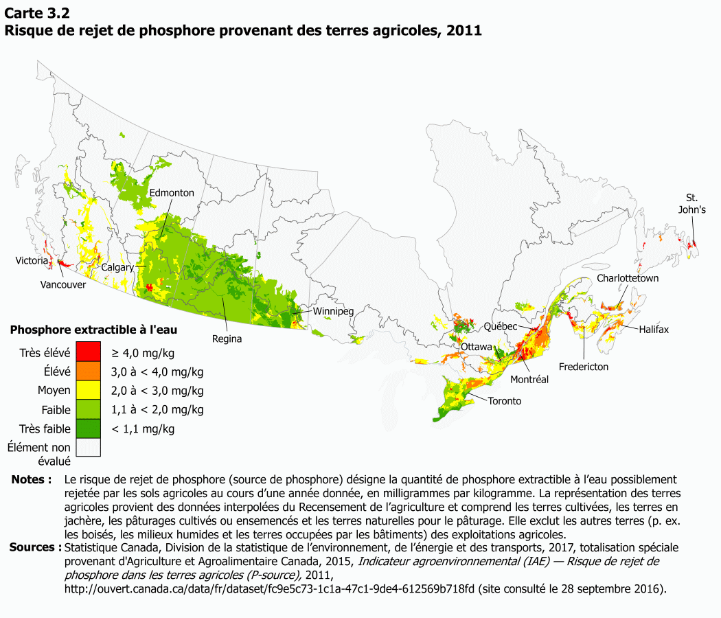 Carte 3.2	Risque de rejet de phosphore provenant des terres agricoles, 2011