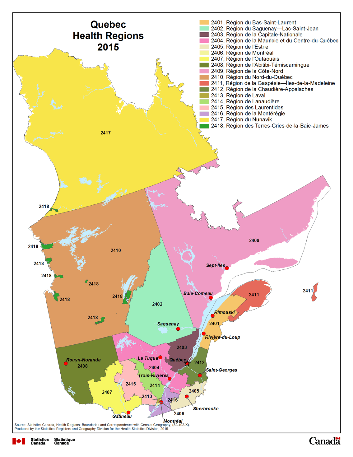 Map 5 Quebec Health Regions, Health Regions, 2015
