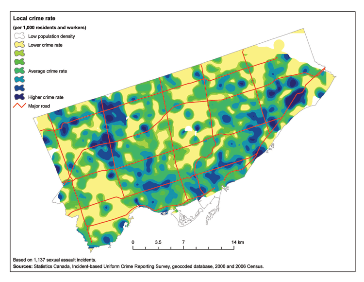 Local rates of sexual assault incidents, city of Toronto, 2006