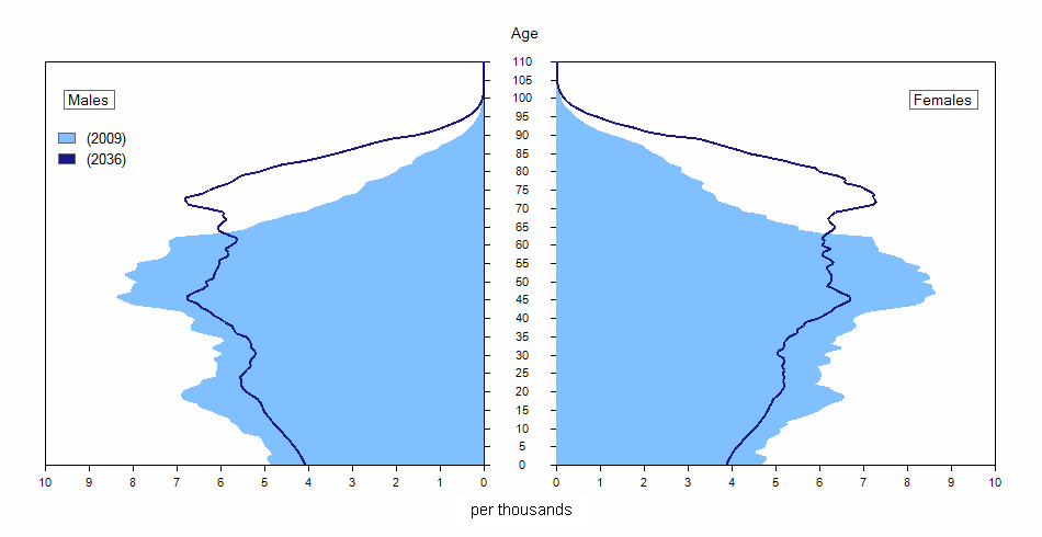 Age pyramids (in relative value) of the New Brunswick population, 2009 and 2036 (scenario M1)