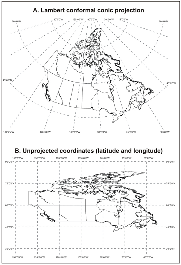 Figure 14 Example of a map projection and unprojected coordinates