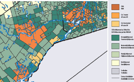 Figure 2.6.5.1 Southwestern Quebec and Eastern Ontario: showing clusters of census metropolitan area and census agglomeration influenced zone (MIZ) census subdivisions and census metropolitan areas and census agglomerations